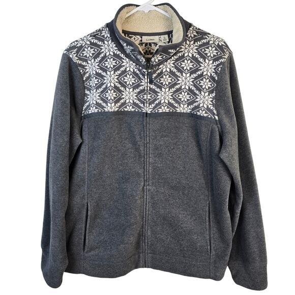 L.L.Bean Full Zip Jacket Women's XL Gray Nordic Snowflake Fair Isle Fleece READ - Picture 1 of 10